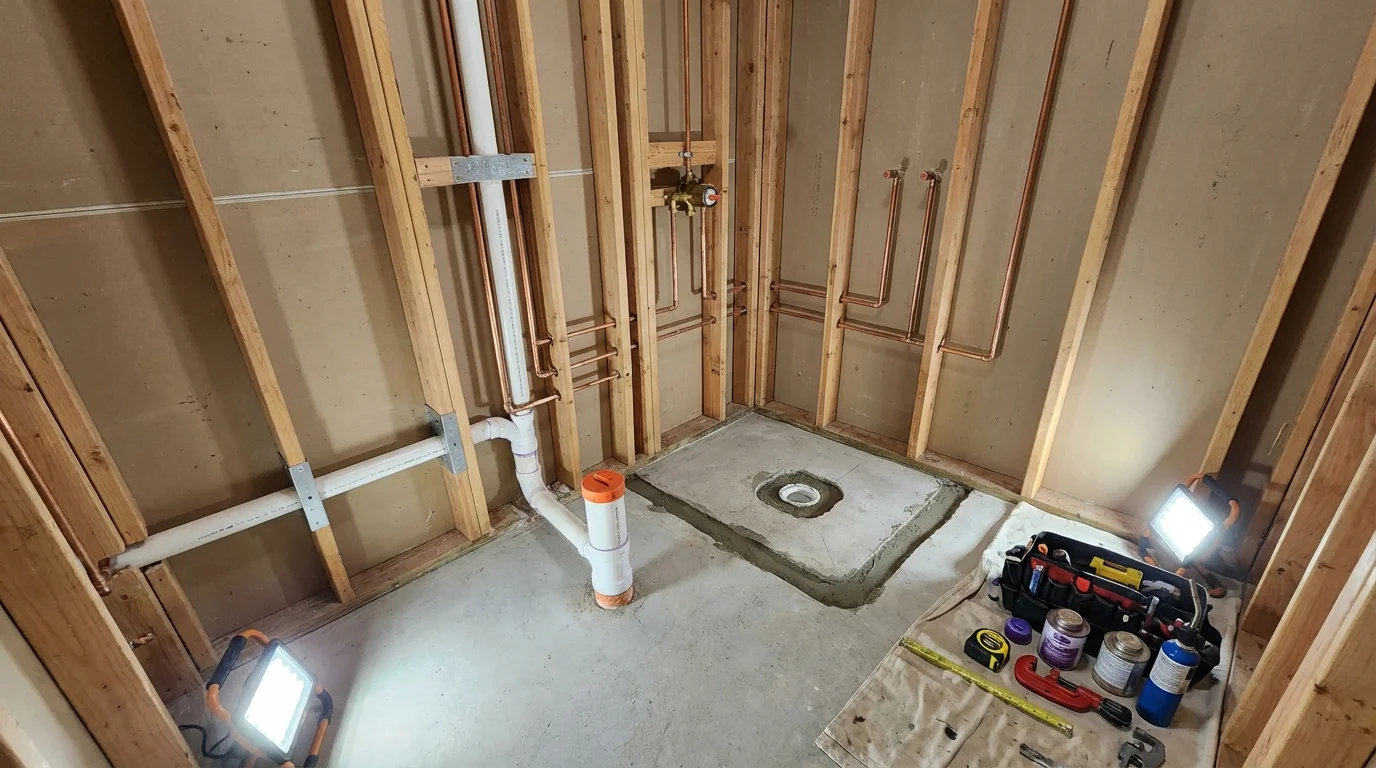 Bathroom rough-in plumbing during remodel by Johns Plumbing LLC in Port Isabel