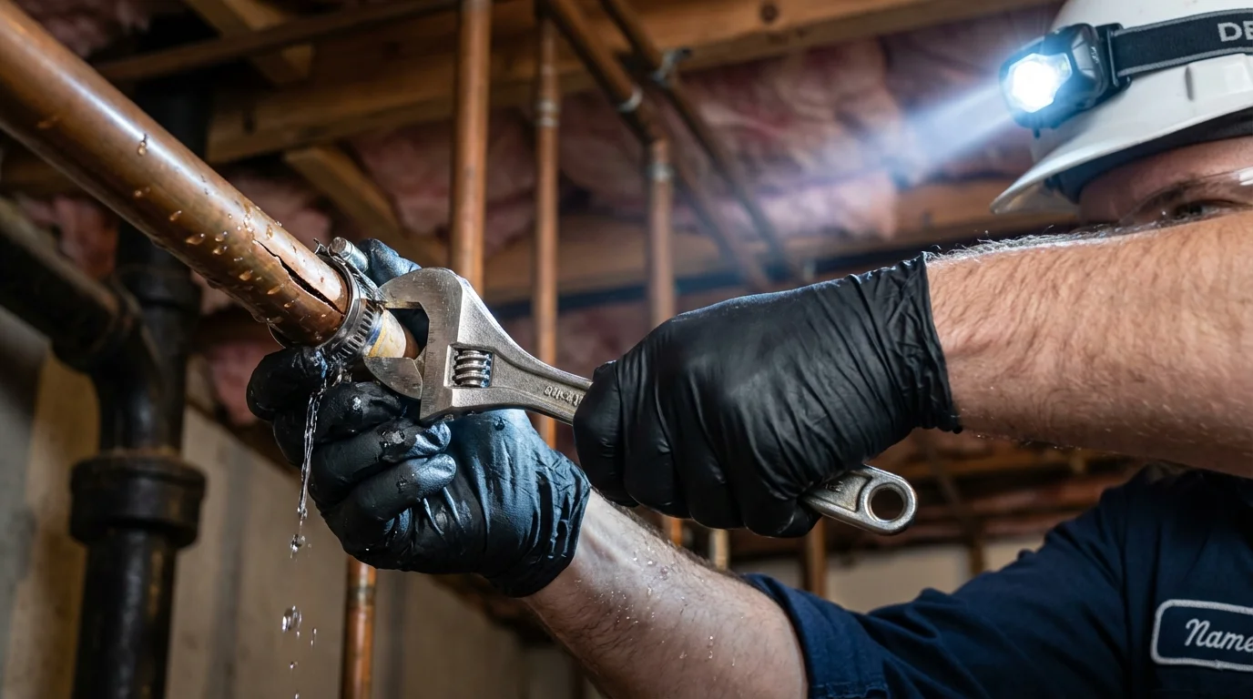 Emergency pipe clamp repair being performed by a Johns Plumbing LLC plumber in Port Isabel