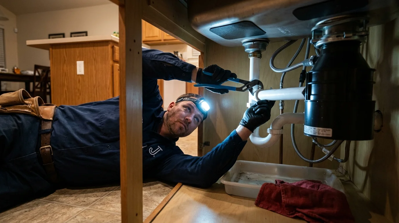 P-trap and supply line connections under a kitchen sink showing a common leak point in Port Isabel, TX